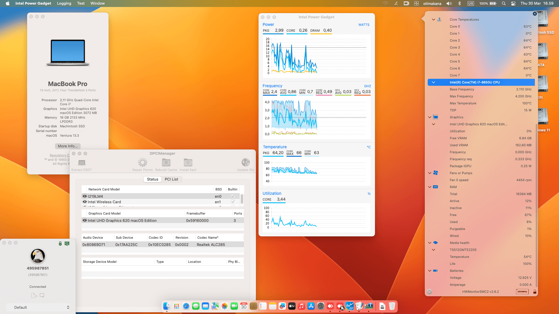 Success Hackintosh macOS Ventura 13.3 Build 22E252 in Lenovo Thinkpad X1 Carbon 6th Gen